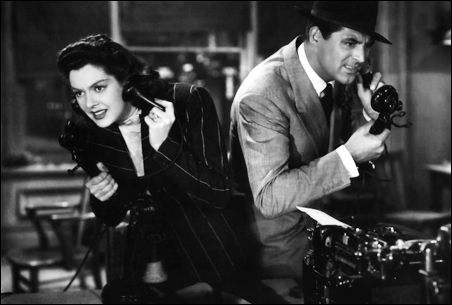 Hildy Johnson Rosalind Russell and Walter Burns Cary Grant talk at